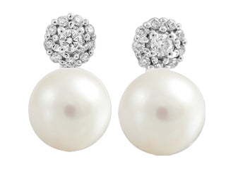 10K White Gold 7mm Pearl & 2 Canadian Diamond & Diamond Stud Earrings