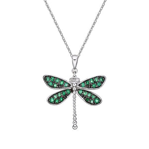 10K White Gold Emerald & Diamond Dragonfly Pendant with 17-18" Chain