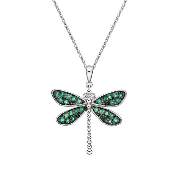 10K White Gold Emerald & Diamond Dragonfly Pendant with 17-18