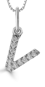 10K White Gold "V" Diamond Pendant with 16-18" Chain