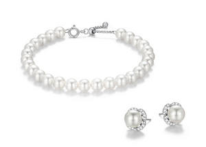 Sterling Silver 3 Piece Gift Set with 6mm Round White Shell Pearl Slider Bracelet,  8mm Round White Shell Pearl with CZ Stud Earrings and Storage Pouch