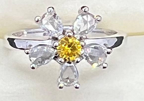 14K White Gold Custom 5 Pear Shaped Rose Cut Diamonds with Yellow Sapphire Centre 