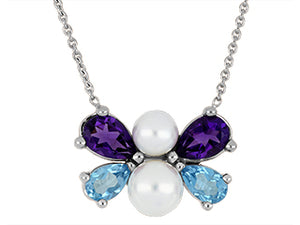 10K White Gold Pear Shaped Amethyst & Blue Topaz with Pearl "Bee" Fixed Pendant with 16"-18" Chain
