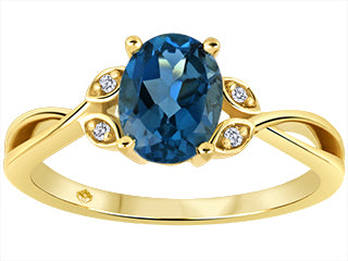 10K Yellow Gold 8mm x 6mm Oval Blue Topaz with Diamond Shoulder Stone Ring