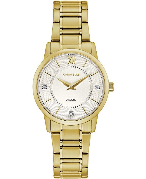 Caravelle Ladies Quartz Diamond Markers Stainless Steel Yellow Gold Plate Case and Bracelet