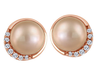 10K Yellow Gold Pink Pearl with Diamond Accents Stud Earrings
