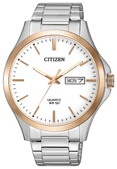Citizen Qtz Gents Day Date Rose Gold Plate Accents Stainless Steel Case and Bracelet