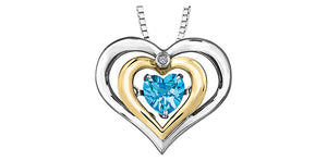 Sterling Silver/10k Yellow Gold Double Heart "Pulse" Pendant with Blue Topaz and Accent Diamond with Chain