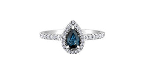 10K Whtie Gold Pear Cut Blue Sapphire with Diamond Halo and Shoulder Ring