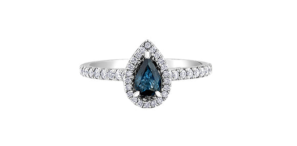 10K Whtie Gold Pear Cut Blue Sapphire with Diamond Halo and Shoulder Ring