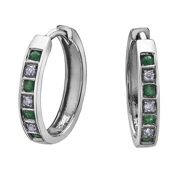 Forever Jewellery 10K White Gold Diamond and Emerald Hoops