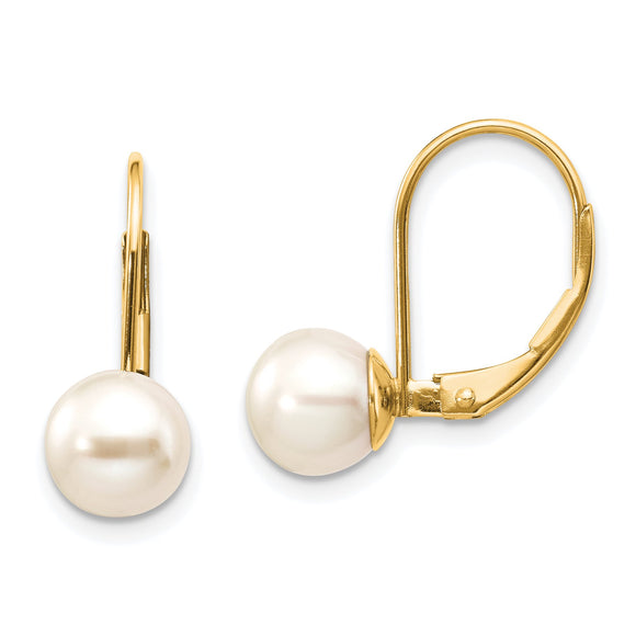 14K Yellow Gold Lever Back Earrings with Fixed 7-7.5mm Freshwater Pearl